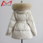 High Quality Winter Large Natural Fur Collar Hooded Jacket with Belt 90% White Duck Down Loose Coat Women Thick Warm Snow Parkas