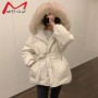High Quality Winter Large Natural Fur Collar Hooded Jacket with Belt 90% White Duck Down Loose Coat Women Thick Warm Snow Parkas