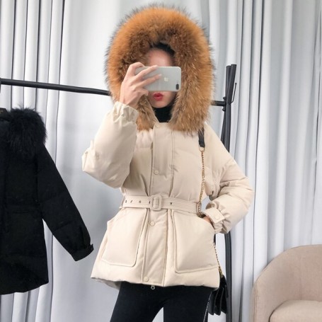 High Quality Winter Large Natural Fur Collar Hooded Jacket with Belt 90% White Duck Down Loose Coat Women Thick Warm Snow Parkas