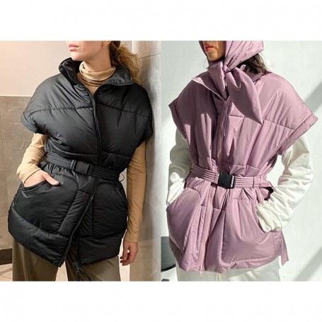 Fashion Stand Collar Vests Women Elegant Tie Belt Waist Coats Women Shrug Zipper Casual Pockets Spring Vests Ladies