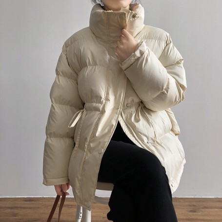 Stand-up Collar Cotton Clothes Women's Winter New Loose Bread Clothes Warm Waist Tie Cotton Clothes Women's Casual