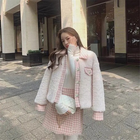 Winter Warm Lamb Wool Sweet Coat Women Korean Thick Two Piece Sets Jackets Chic Streetwear Female High Waist A-line Skirts Suits