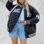 Winter Women Argyle Letter Embroidery Down Jacket Quilted Coat Casual Streetwear Outerwear Lined Coat Padded Bomber Jackets