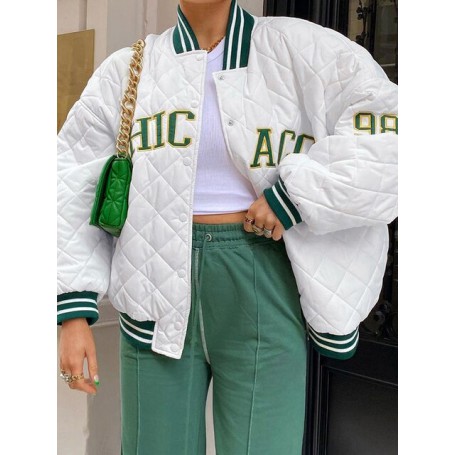 Winter Women Argyle Letter Embroidery Down Jacket Quilted Coat Casual Streetwear Outerwear Lined Coat Padded Bomber Jackets