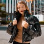 Winter Warm Thick PU Leather Coats Women Short Parkas Fashion Black Cotton Padded Lady Down Jacket Elegant Zipper Clothes