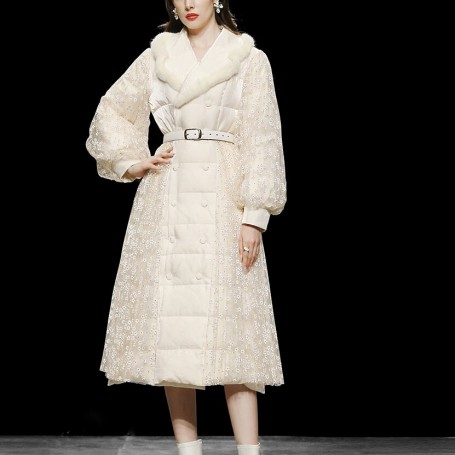 Winter new French retro white duck down jacket women lantern sleeve big swing mesh stitching warm outwear