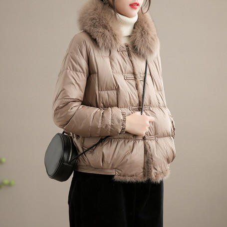New Winter Women Real Fox Fur Collar 90% White Duck Down Jacket Puffer Coat Female Korean Vintage Button Warm Parkas