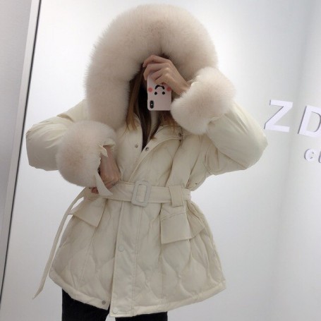 Winter Women Real Fox Fur 90% White Duck Down Coat Female Thick Hooded Puffer Jacket With Natural Fox Cuffs Parkas