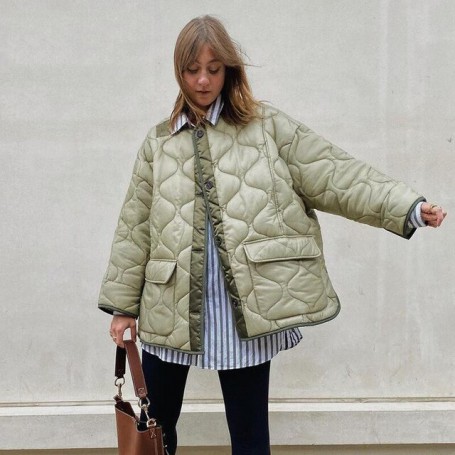 Autumn Winter Quilted Oversize Parkas Jackets for Women Fashion Army Green Warm Single Breasted Casual Loose Cotton Padded Coat