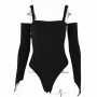 Sexy Bodysuit Women  Autumn Fashion Long-Sleeved Stitching Slim One-Word Collar Solid Color Chest Strap One-Piece Top Street
