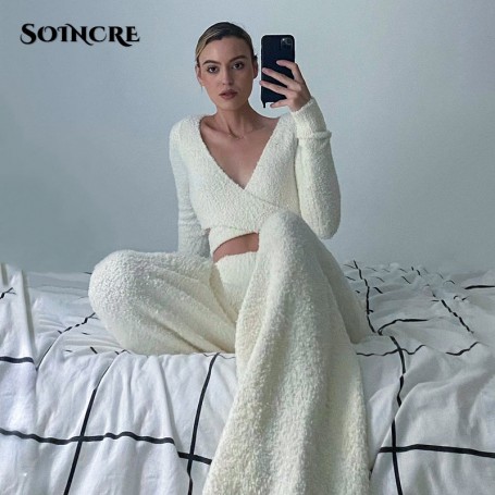 Fashion Fleece Fuzzy Cozy 2 Piece Pant Sets Women sexy Cross Tie Up Long Sleeve Crop Top and Pants Winter Clothes Loungewear
