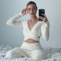 Fashion Fleece Fuzzy Cozy 2 Piece Pant Sets Women sexy Cross Tie Up Long Sleeve Crop Top and Pants Winter Clothes Loungewear