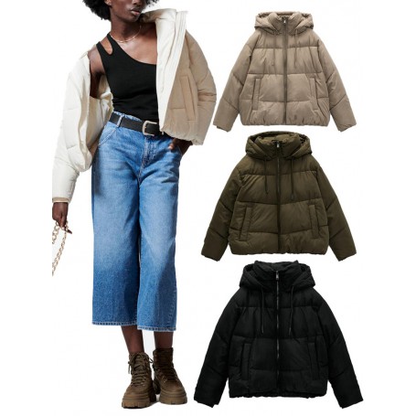 Fashion Women's Casual Loose Stand Collar Long Sleeve Thick Pocket Zipper Hooded Cotton Jacket
