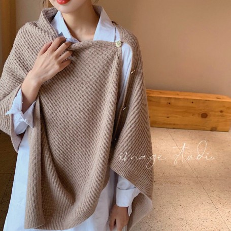 Women Versatile Knitted Scarf Solid Wraps Poncho Sweater with Buttons Autumn Winter Warm Shawl Cape Cardigan