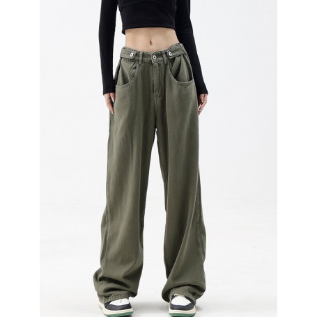 Casual Autumn Women Long Jeans Trousers High Waist Pockets Loose Female Wide Leg Denim Pants Ladies Floor-Length Pants