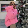 Winter Glossy Jacket For Women Rose Red Parka Female Bread Winter Down Parkas Parka Cotton Padded Shiny Thicken Loose Coat
