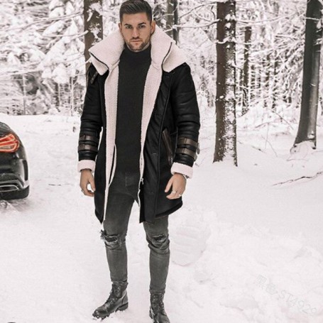 Winter Mid-length Padded Jacket Pilot Flying Fur Collar Faux Sheepskin Leather Jacket Street Personality Coat