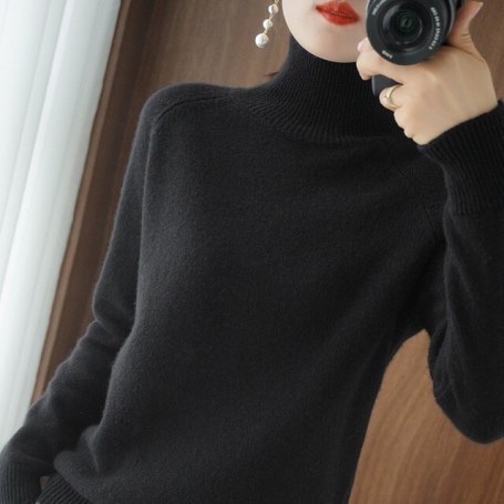Full Sleeve Sweater Women Turtleneck Office Lady Pure Color Knitted Pullover Loose White Khaki Sweaters for Women