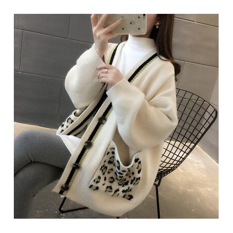 Women V Neck Cardigan Jacket Autumn Winter Leopard Pocket Loose Knitted Sweater Femme Pink Knitting Coat