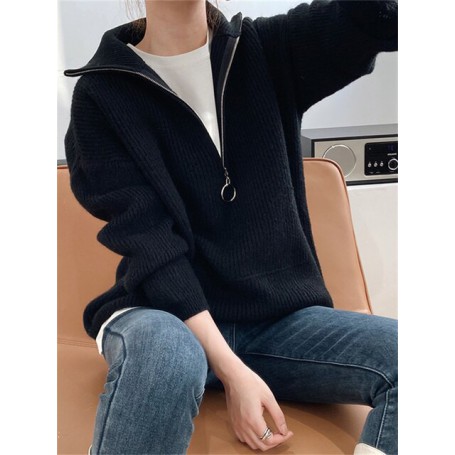 Women's Oversize Sweater with Zipper  Autumn Winter Turtleneck Loose Casual Turn Down Thickened Warm Knitted  Sweaters for Women