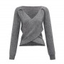 Solid Grey Short Women Pullover Sweater V Neck Wrap-over Cross Knot Design Knitted Top