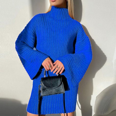 Turtleneck Knitted Women's Sweaters Pullover Solid Casual Loose Flare Sleeve Elegant Dresses For Female 2021 Winter Ladies Dress