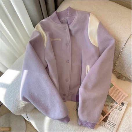 Women's Purple Baseball Uniform Autumn Thickening  New Style Korean Fashion Retro Loose Jacket Short Coat Tops Y2K Clothes
