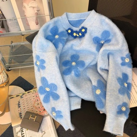 Women's Blue Chic Sweater Retro Bead Loose Pullover Korean Fashion Sense Of Luxury Heavy Industry Knitted Jumper Long Sleeves