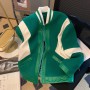 Green Baseball Uniform Women's Jacket Autumn And Winter  New Stitching Leather Retro Casual Coat Motorcycle Clothes Jacket