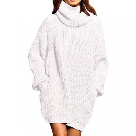 oversized long sleeve turtleneck knitted sweater for women Solid white pullover Fashion double pocket sweater dress