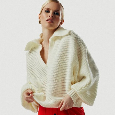 Autumn Casual Polo Collar Pullover Sweater Women Solid Loose Long Sleeves Pullovers Warm Sweaters  Fashion Elegant Lady Tops