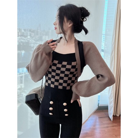 Vintage  Style Sweater Pullover  Checkerboard Knit Top Long Sleeve Square Neck Casual