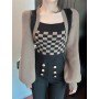 Vintage  Style Sweater Pullover  Checkerboard Knit Top Long Sleeve Square Neck Casual