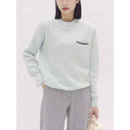 Women's Contrast Color O-Neck Knitted Pullover Top  Fall New Long Sleeve Hand Beading Pocket Ladies All-Match Loose Sweater