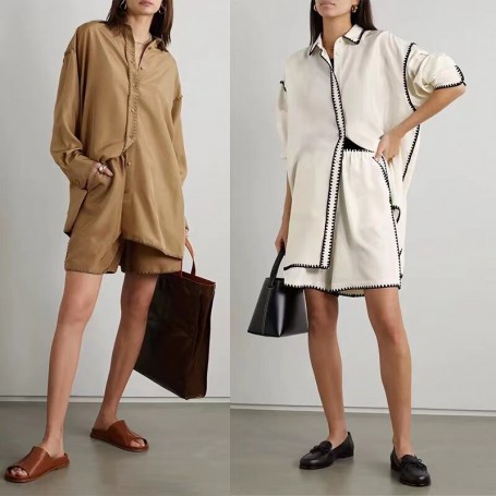 Long Embroidered Mulberry Silk Tops Women's Loose Silhouette Shell Button Over-the-top Shirt Good Drape