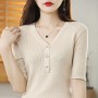 Hot Sale Summer Women Tops Tees V-Neck Short Sleeve Thin T-Shirt Female Pullover Sweaters Woman Jumpers Fit 100% Cotton Knitted