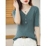 Hot Sale Summer Women Tops Tees V-Neck Short Sleeve Thin T-Shirt Female Pullover Sweaters Woman Jumpers Fit 100% Cotton Knitted