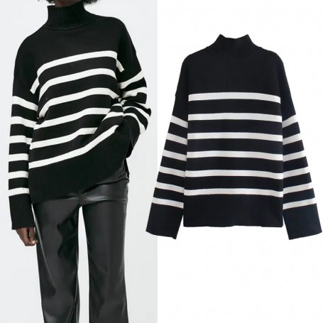 Striped Turtleneck Sweaters Woman Black Knitted Sweater Women Long Sleeve Pullover Female   Warm Autumn Sweater