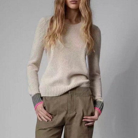 Contrast Cuffs Women's Cashmere Sweater o-neck long sleeve fashion lady knitwear pullover tops