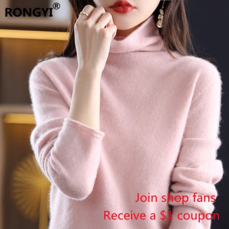 SpringAutumn Women New 100%Wool Sweater High End First-line Ready-To-Wear Knit Pullover Loose Turtleneck Cashmere Sweater