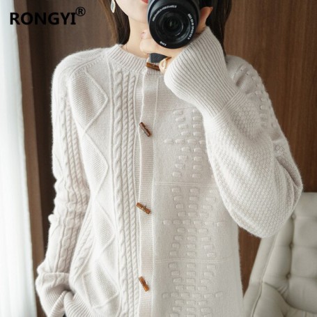 Women New 100%Wool Cashmere Cardigan AutumnWinter Sweater Shirt Loose Jacket Knit All-Maten's Sweater Coat Thick Warm Top