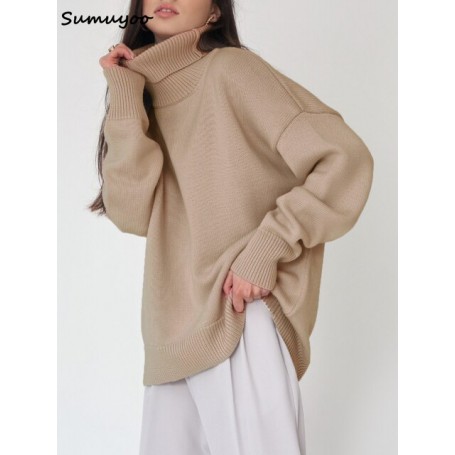 Autumn Winter Women Turtleneck Thick Warm Pullover Top Oversized Casual Loose Knitted Sweater Jumper Female Pull