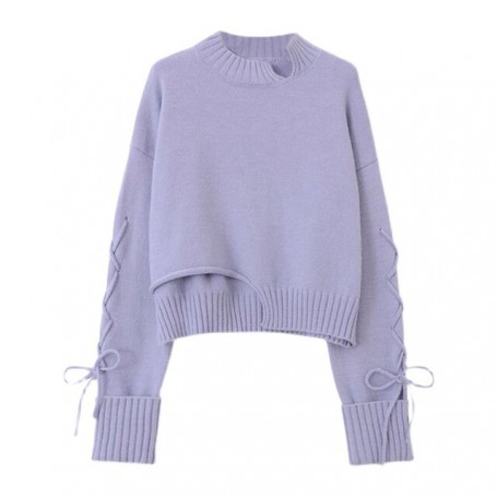 Autumn Fashion Korean Loose Long Sleeve Chic Sweater Women Streetwear Irregular Purple Knitted Pullover Sweater Female