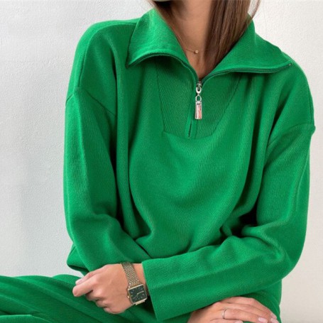 Women Zip Sweaters Fashion Female Casual Polo Neck Solid Oversized Pullovers Jumper Knitted Winter Tops