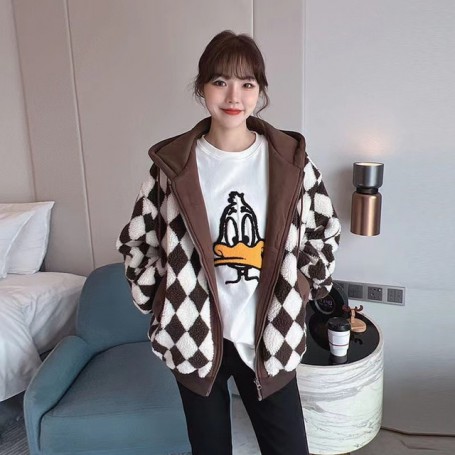 Love Pattern Plush Oversized Jacket Hairy Girl Winter Loose Korean Thickening Warm Zipper Hooded Sweatshirt