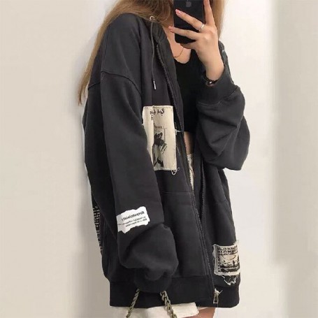 90s retro street hip-hop patchwork embroidery oversized sweatshirt female loose Korean couple zipper hoodie