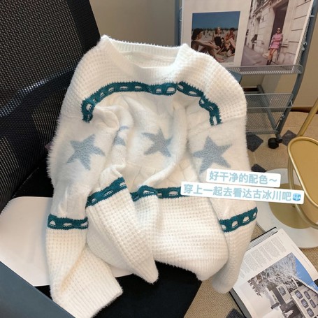 Sweaters for Women Loose Thick O-Neck  White Patchwork Pullovers Simple Knitted Warm Long Sleeve Korean Chic Clothe