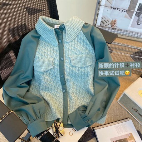 Women Shirts Patchwork Single Breasted Knitted Tops Spring Autumn Blouses Turn-Down Collar Button Up Shirt Fashion Chic