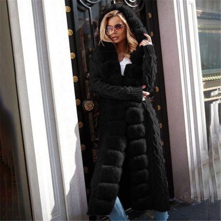 Faux Fur Knitted Cardigan Women Fashion Long Sleeve Jumper Casual Loose Patchwork Hooded Solid Open Stitch Chic Solid Sweater