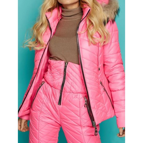 Winter Ski Suit Women Warm Outerwear Long Sleeve Fur Hooded Coat Cotton Padded Quilted Parka Zip Up Jacket 2 Piece Snowsuit Set